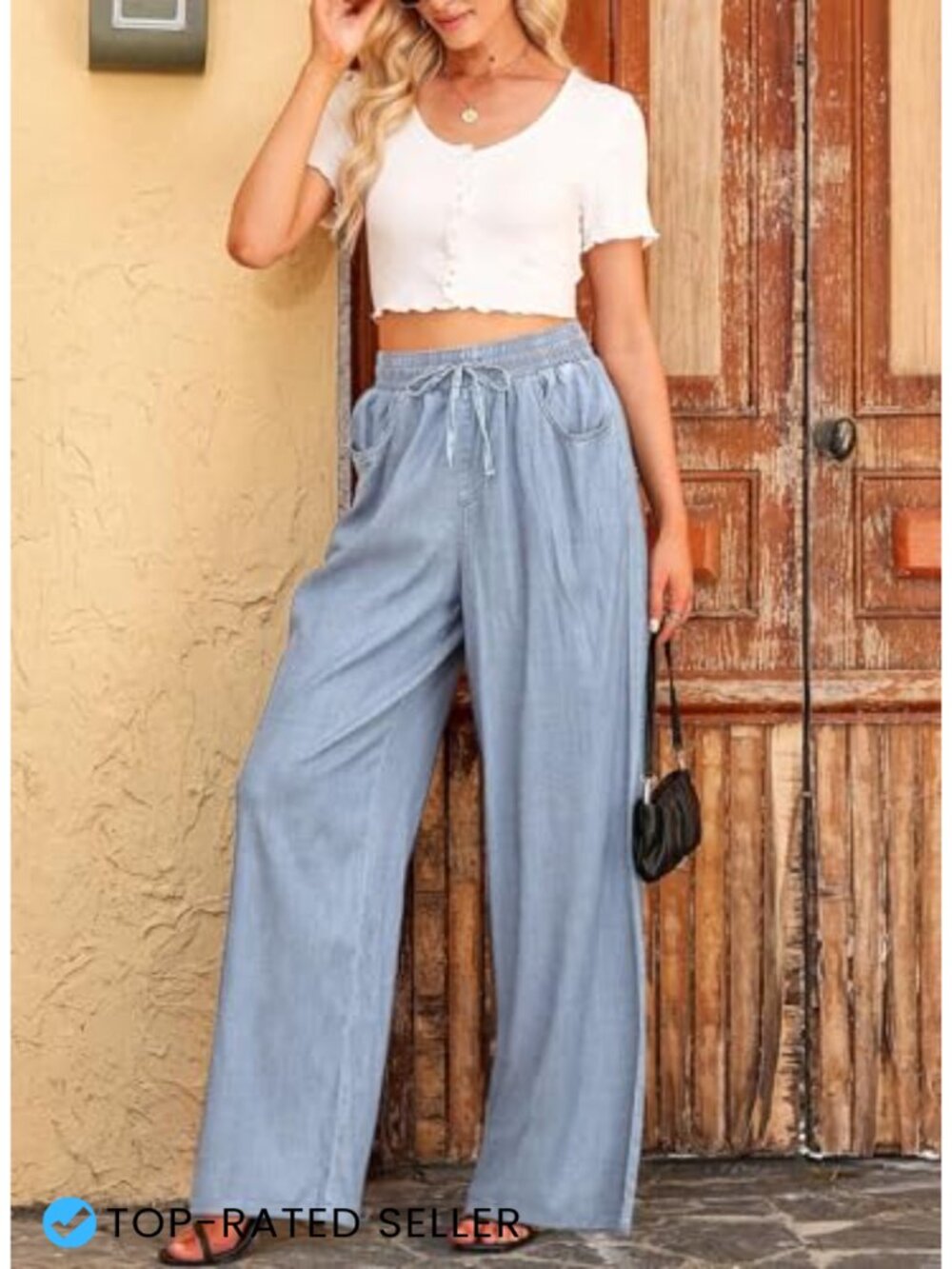 Wide Leg High Waist Drawstring Denim Jeans Women Casual Loose Fit - Picture 3 of 6
